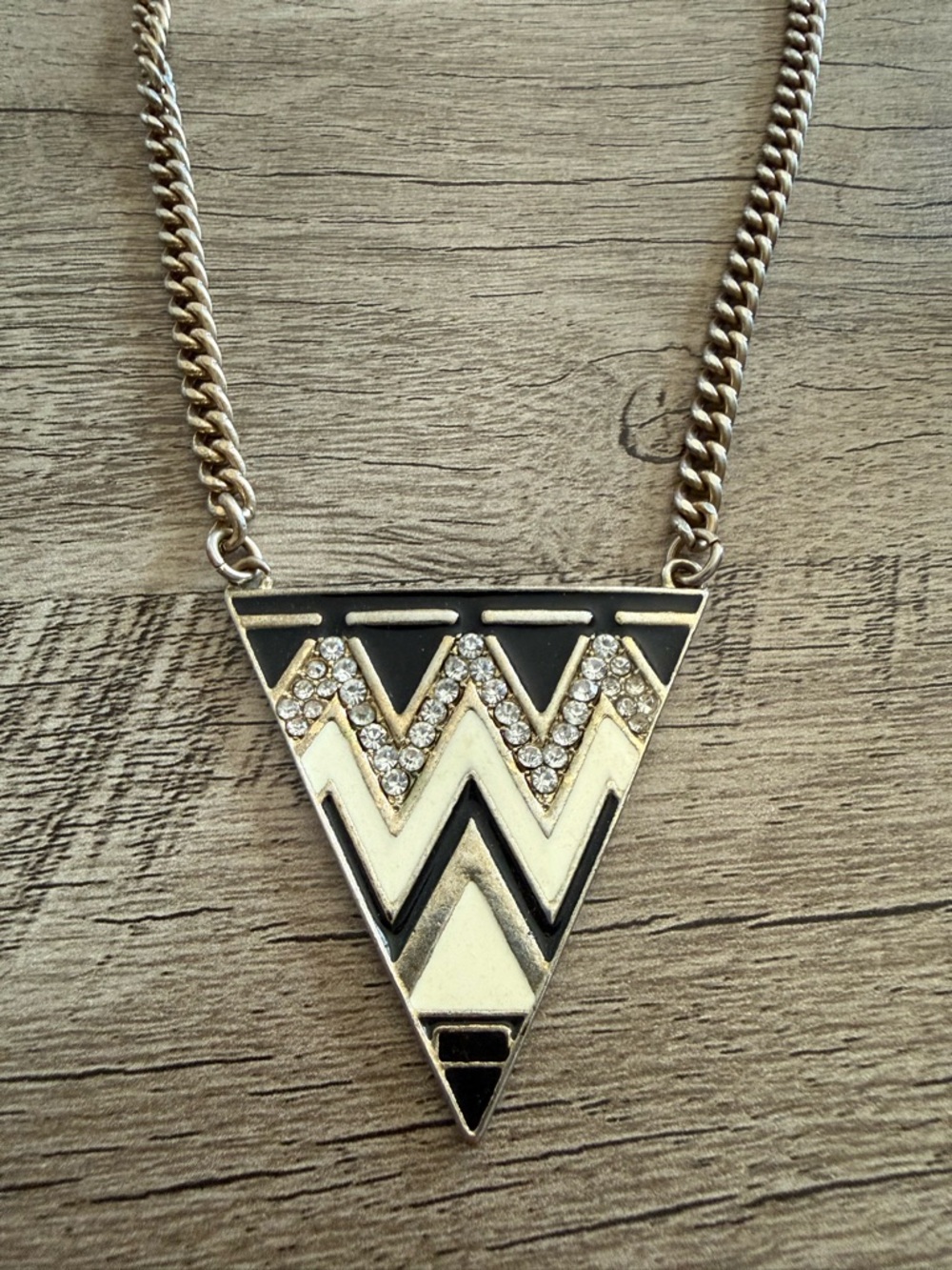 Gold-Tone Black & Cream Triangle Pendant Necklace with Crystal Accents